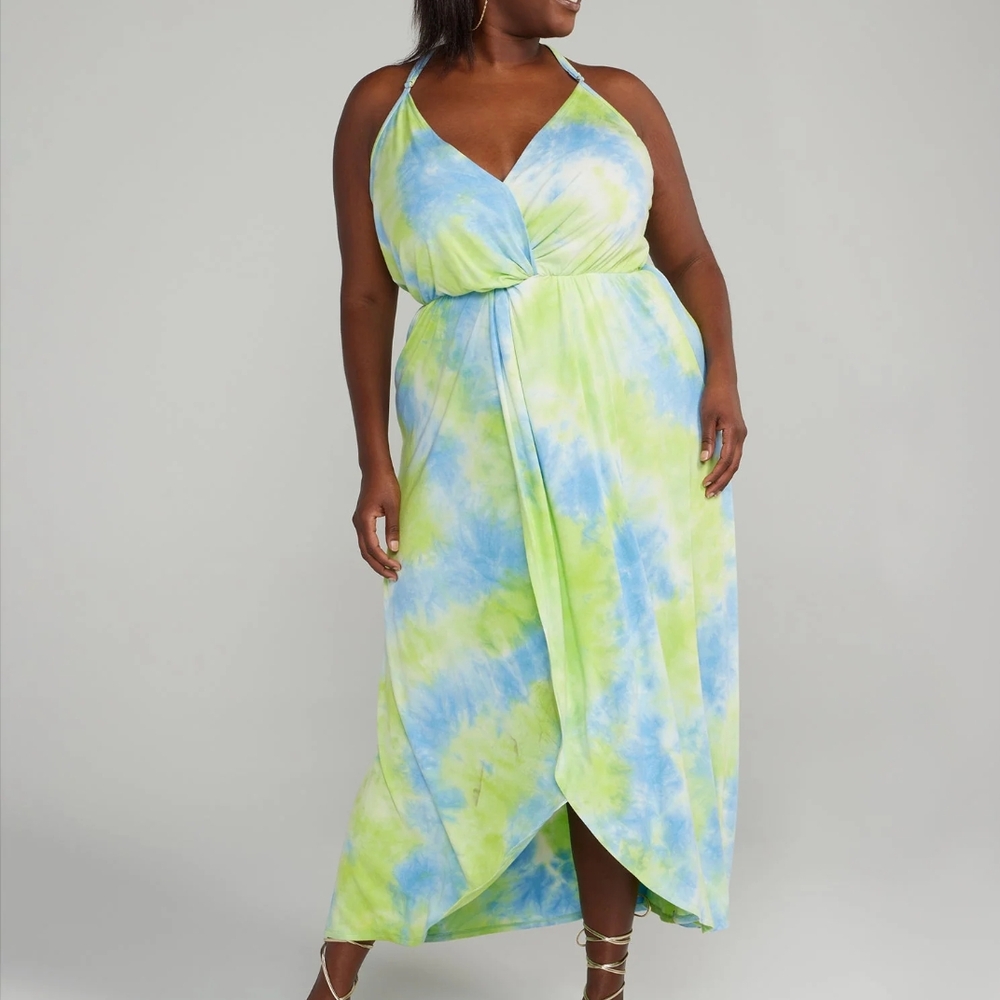 Blue and Yellow Halter Maxi Sundress for Resort Wear